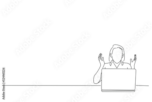Illustration of stressed shocked businesswoman sitting at table looking stunned wide open mouth. Line art style