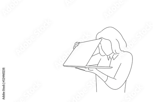 Drawing of shocked frightened woman looking furtively at half closed laptop screen, upset scared of error. Outline drawing style art