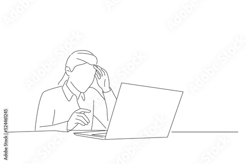 Illustration of shocked afraid worried business woman look at laptop computer screen terrified read bullying social media message. One line art