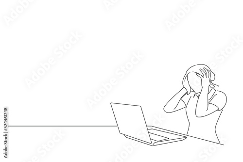Cartoon of attractive woman working at office with laptop in shock screams and grabs his head because of the virus. Line art style