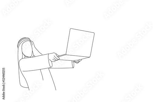 Drawing of arab business man with laptop. Outline drawing style art