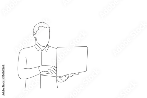 Drawing of young arab man holding laptop scared and amazed with open mouth for surprise. One line art