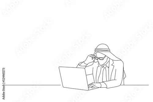 Drawing of arab businessman with computer. Line art style