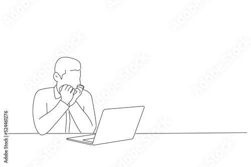 Cartoon of nervous scared man employee sitting office workplace, looking worried anxious at laptop screen and biting nails. Line art style