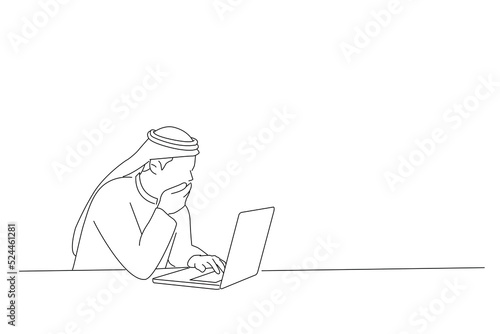 Illustration of arabian business man looking shocked at his computer. Outline drawing style art