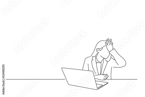 Cartoon of beautiful woman working at the office wearing glasses surprised with hand on head for mistake. One line art