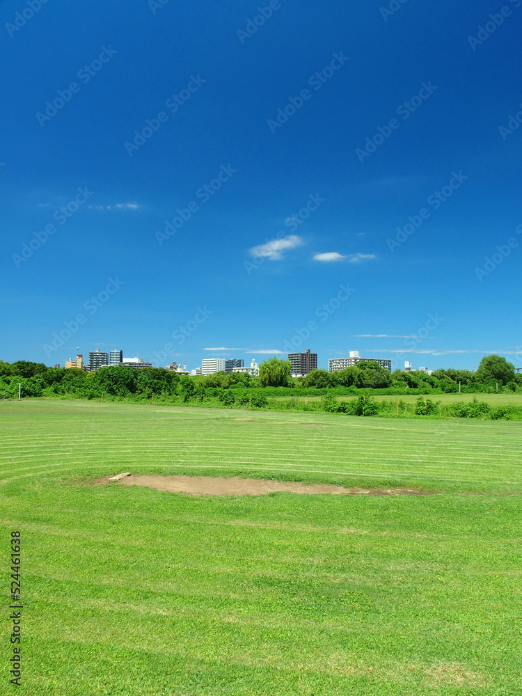 江戸川河川敷の除草された跡の残る真夏の野球場風景