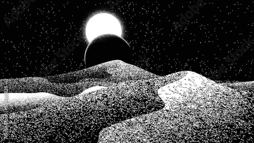 Star and planet in space. Futuristic landscape, with noise texture . Night landscape with starry sky .Vector illustration