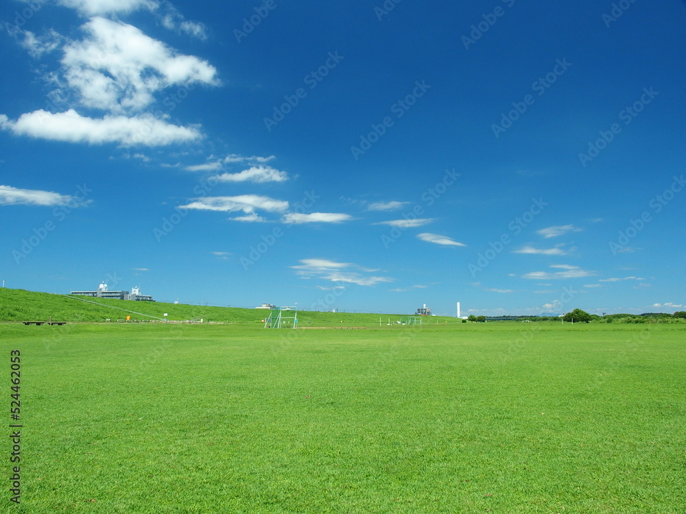 Obraz premium 真夏の誰もいない江戸川河川敷の野球場風景