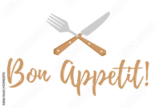 Bon appetit writing with fork and knife. Cutlery fork and spoon with plants. vector sketch. hand drawing isolated	
