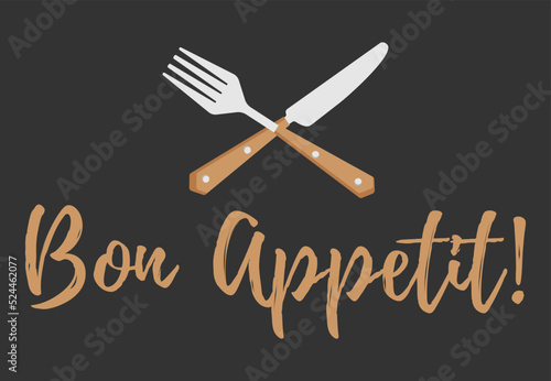 Bon appetit writing with fork and knife. Cutlery fork and spoon with plants. vector sketch. hand drawing isolated	
