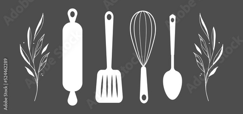 Set of black silhouettes kitchen tools fork spoon knife rolling pin ladle board for cutting culinary banner with place for your text vector illustration isolated on white background