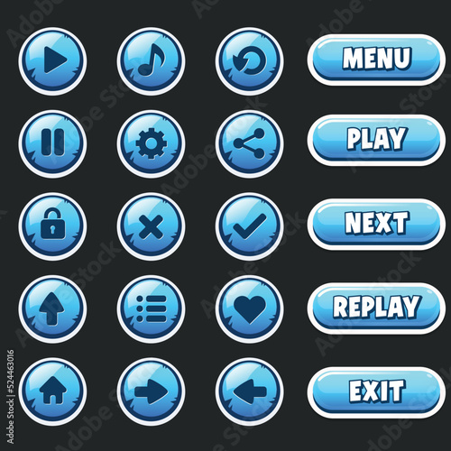 Set of game interface buttons. Interface elements for game and app design. Game ui kit. GUI to build 2D games. User buttons, settings, navigation, play, replay, pause, exit, and others.
