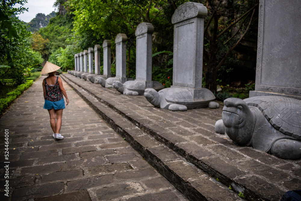 Mujer caminando en templo perdido en la jungla, con estatuas antiguas de tortugas, en los alrededores de Ninh Binh, Vietnam