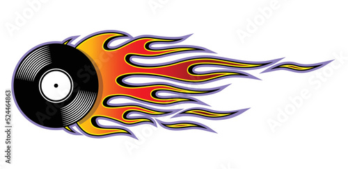 Oldschool retro music vinyl record graphic with tribal fire flame vector graphic