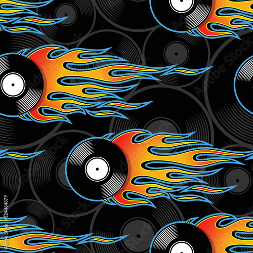 Seamless pattern with retro vintage vinyl record icon and hot rod fire flame vector graphics