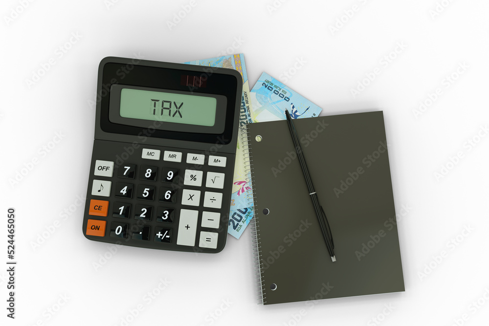 3D rendering of a composition of Malagasy ariary notes, a calculator, a note book and a pen isolated on dark background. Tax background design concept 3D rendering of a composition of Malagasy ariary notes, a calculator, a note book and a pen isolated on dark background. Tax background design concept