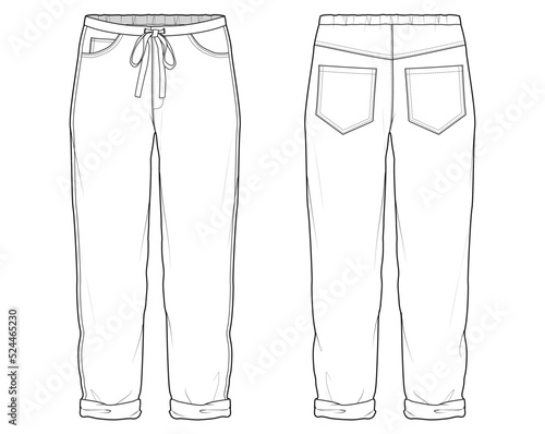 mens rolled hem drawstring waist pant fashion flat sketch vector illustration. unisex drawstring waist folded hem trouser front and back view template. cad mockup.