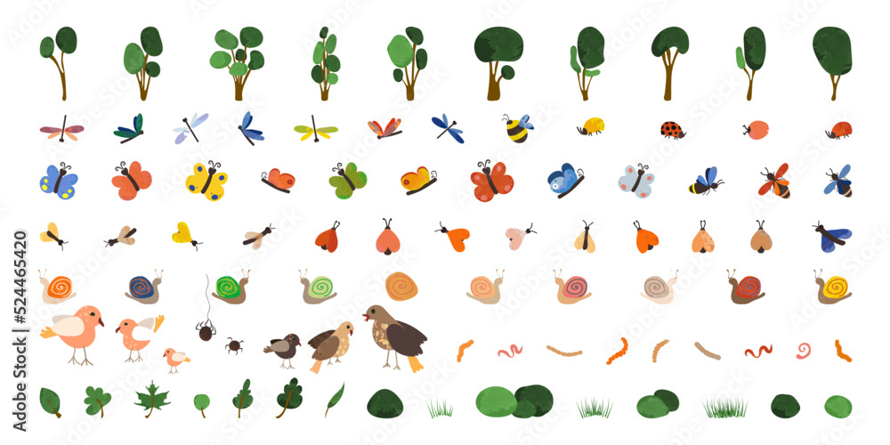Collection of 89 childish forest elements Trees, insects and birds in different colors Vector illustration in flat cartoon style with watercolor texture Every object are isolated on white background Collection of 89 childish forest elements Trees, insects and birds in different colors Vector illustration in flat cartoon style with watercolor texture Every object are isolated on white background