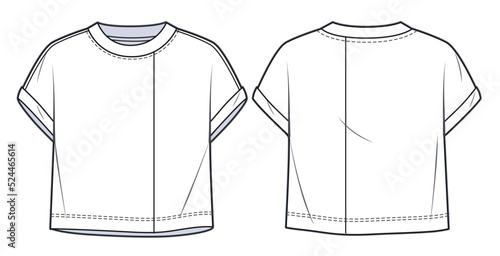 Unisex Cropped Tee Shirt fashion flat tehnical drawing template. Asymmetric Crop Top fashion CAD mockup, oversize, front, back view, white color.
