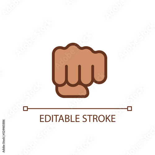 Punching fist pixel perfect RGB color icon. Hand gesture. Fighting action. Threat and fight. Isolated vector illustration. Simple filled line drawing. Editable stroke. Arial font used