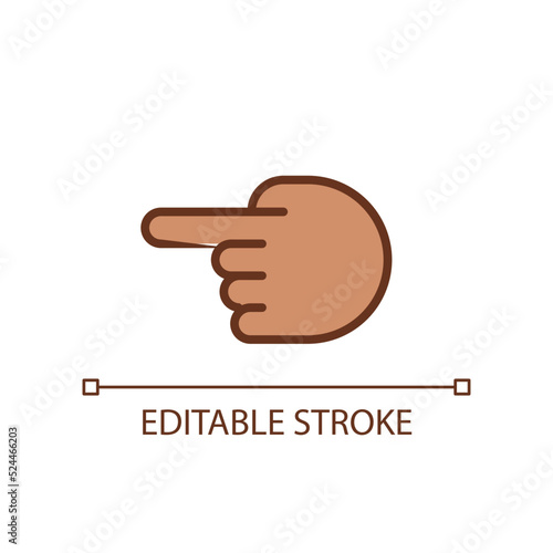 Hand pointing aside pixel perfect RGB color icon. Index finger showing direction. Hand gesture. Isolated vector illustration. Simple filled line drawing. Editable stroke. Arial font used