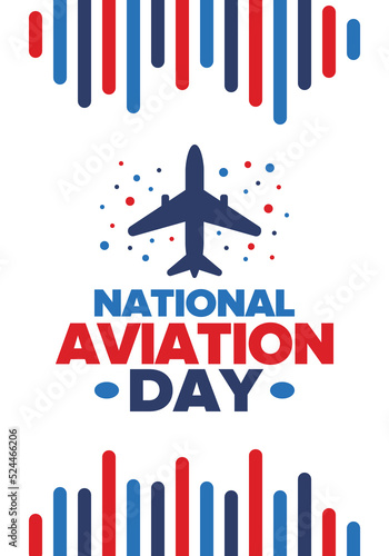 National Aviation Day in United States. Holiday, celebrated annual in August 19. Design with airplane and american flag. Patriotic element. Poster, greeting card, banner and background. Vector
