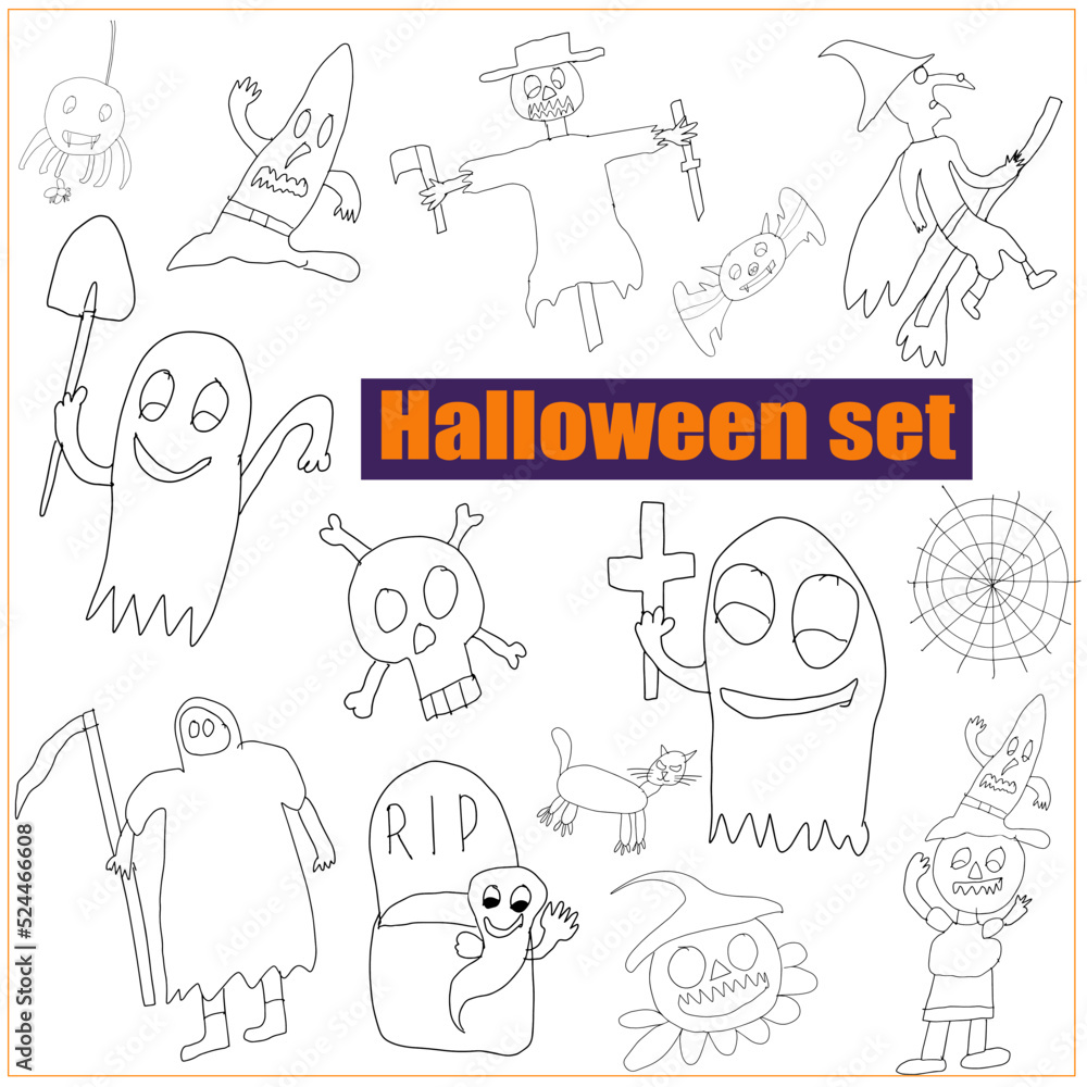 Set of illustrations for Halloween, Clipart of mystical doodle illustrations Set of illustrations for Halloween, Clipart of mystical doodle illustrations