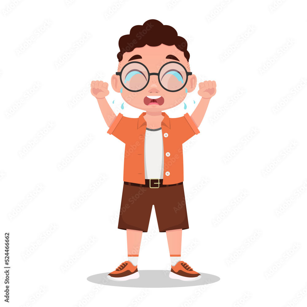 A cute boy is crying, a boy with glasses. Vector illustration