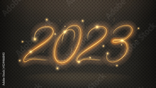 2023 Happy New Year banner. Number 2023 written with sparkling sparklers isolated on checkered background. Glowing template for holiday greeting card, banners and poster. 2023 sparkling sign.