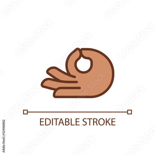 Meditation mudra pixel perfect RGB color icon. Touching thumb and index fingers. Body language. Isolated vector illustration. Simple filled line drawing. Editable stroke. Arial font used