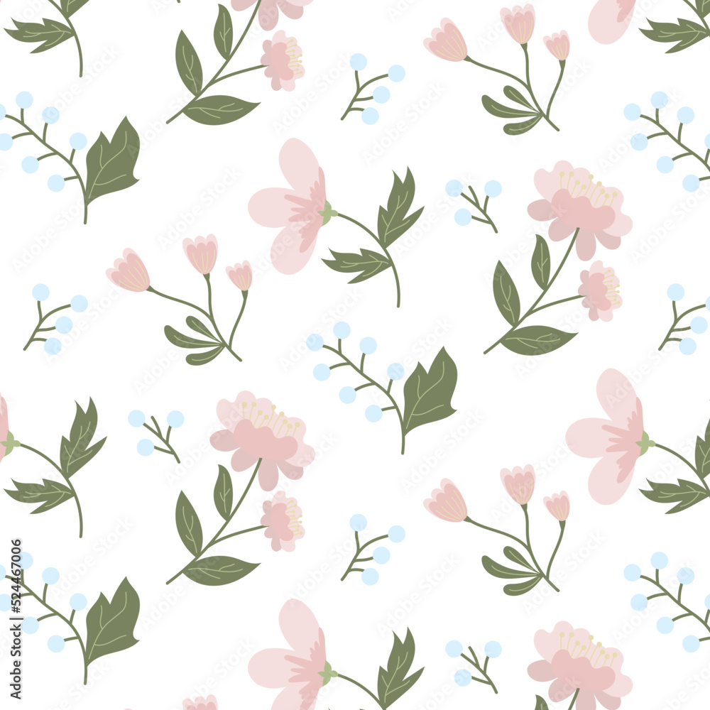 Elegant pastel pink flowers with stamens, green leaves and blue twigs. Vector spring summer pattern. For fabrics, covers, prints, banners.