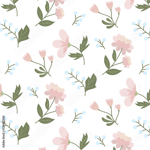Elegant pastel pink flowers with stamens, green leaves and blue twigs. Vector spring summer pattern. For fabrics, covers, prints, banners.