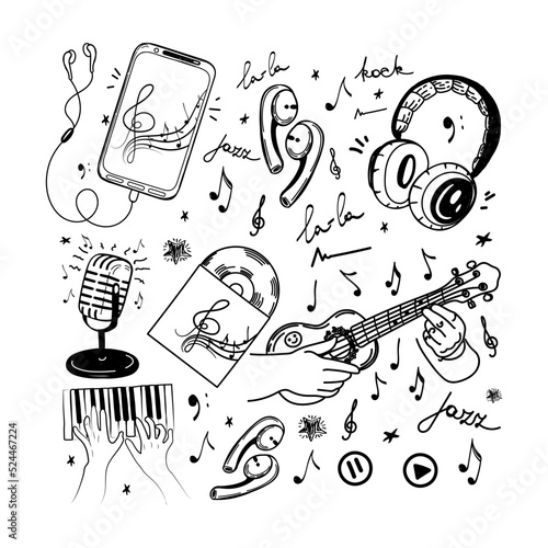 A set of hand-drawn musical elements in sketch style. Guitar or ukulele, piano. Headphones, microphones, CDs, audio, vinyl, violin key with notes and recording icons. Vector isolated illustration