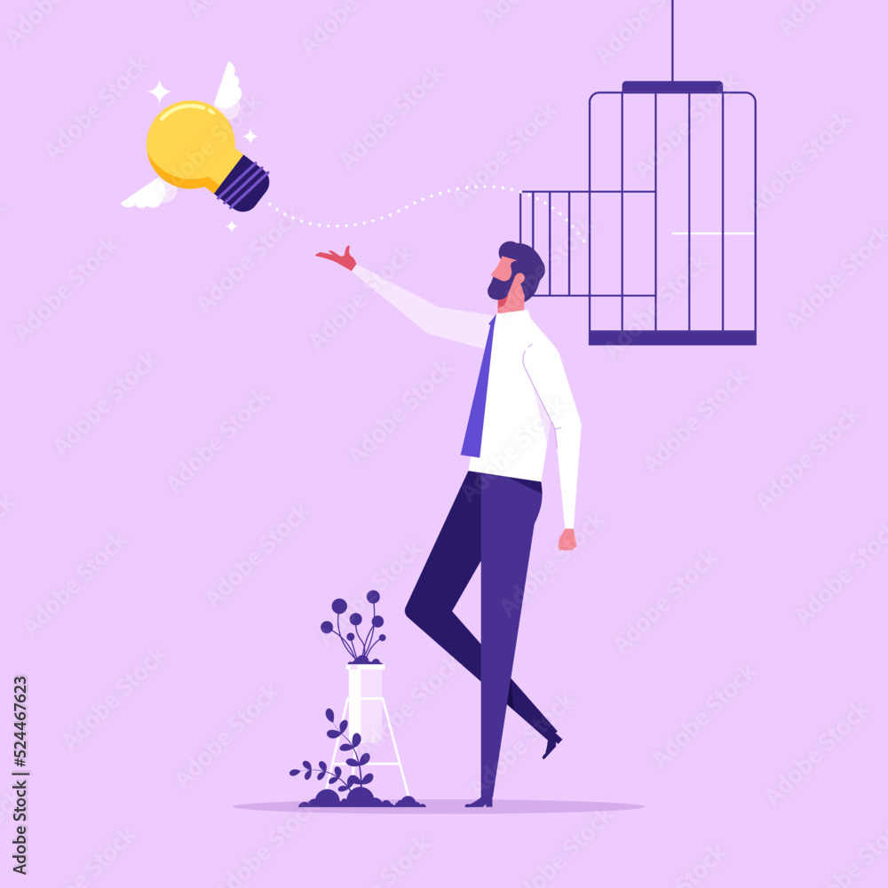 Businessman break free flying light bulb idea from bird cage, Vector illustration design
