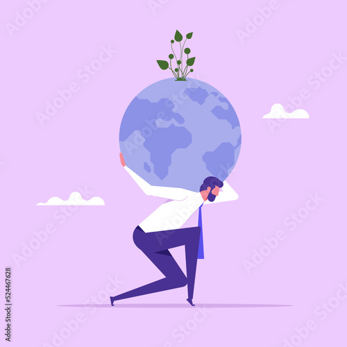 Climate change and global warming responsibility, commitment to take care our planet earth concept, businessman in atlas pose carrying green globe with on his shoulder