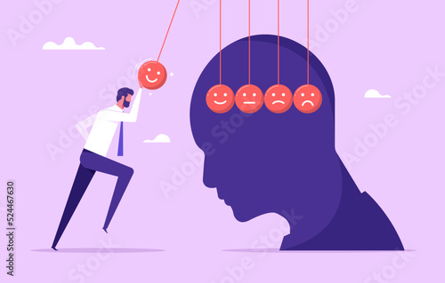 Optimistic, happiness or positive thinking inspire other people happy, emotional intelligence or balance between happiness and sadness, man holding smile face pendulum ball to hit other sad faces