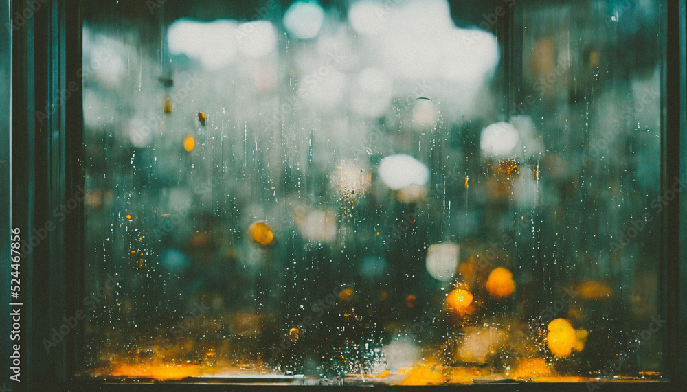 3D Render digital art painting of Rainy Window. Window view with raining outside Stock