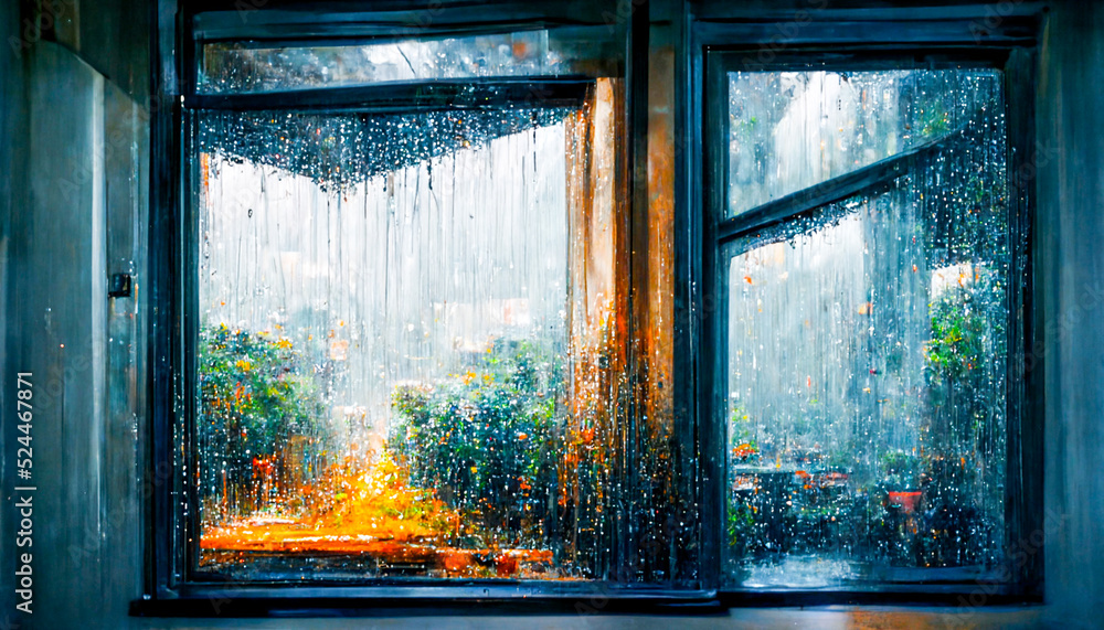 3D Render digital art painting of Rainy Window. Window view with raining outside Stock