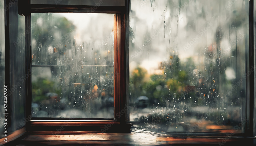3D Render Digital Art Painting Of Rainy Window Window View With 3d-render-digital-art-painting-of-rainy-window-window-view-with