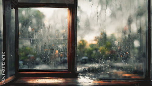3D Render digital art painting of Rainy Window. Window view with raining outside