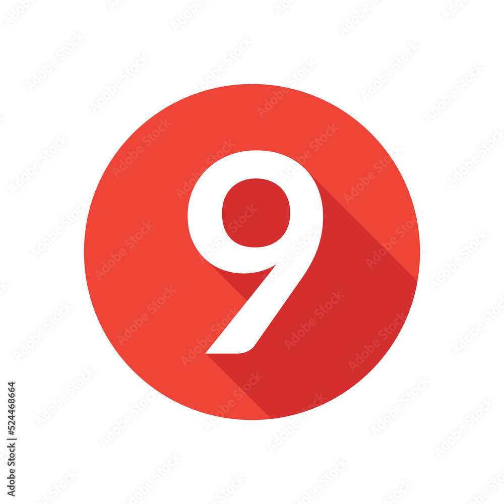 Number nine flat icon, round button in long shadow style. Number nine flat icon, round button in long shadow style.