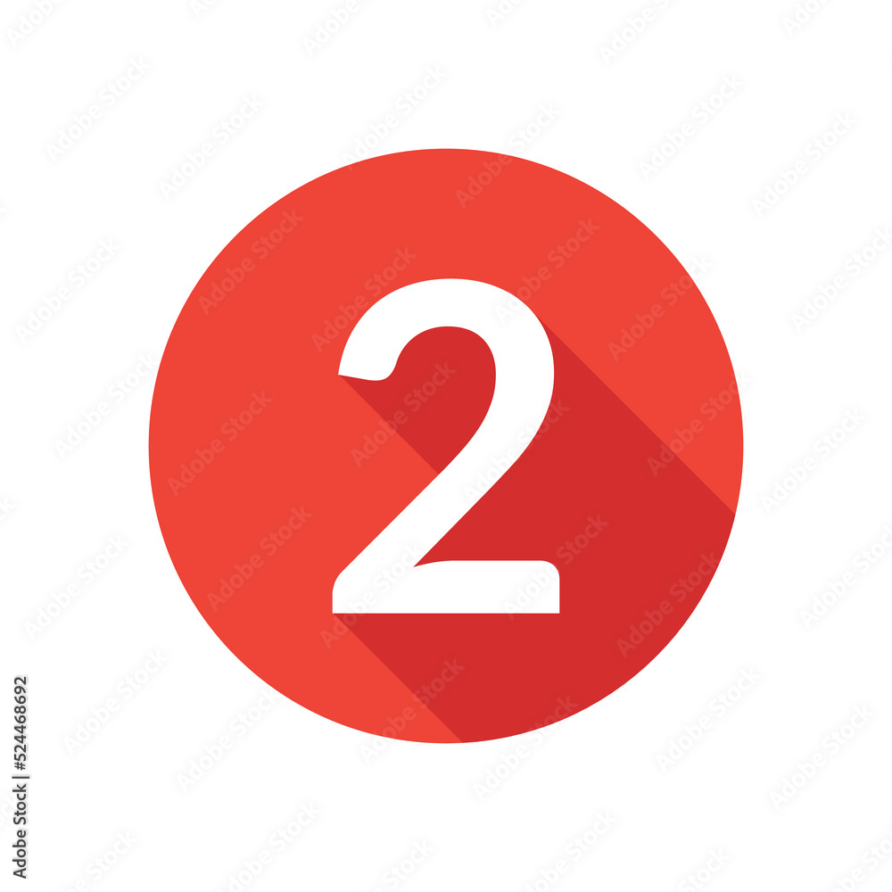 Number two flat icon, round button in long shadow style. Number two flat icon, round button in long shadow style.