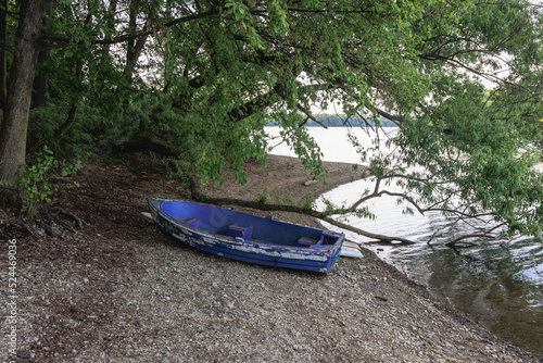 Old boat on the shore of Terlicko dam lake on River Stonavka in Terlicko in Czech Republic