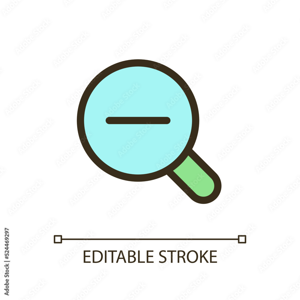 Magnifier and minus pixel perfect RGB color ui icon. Image downsizing. Simple filled line element. GUI, UX design for mobile app. Vector isolated pictogram. Editable stroke. Arial font used Magnifier and minus pixel perfect RGB color ui icon. Image downsizing. Simple filled line element. GUI, UX design for mobile app. Vector isolated pictogram. Editable stroke. Arial font used