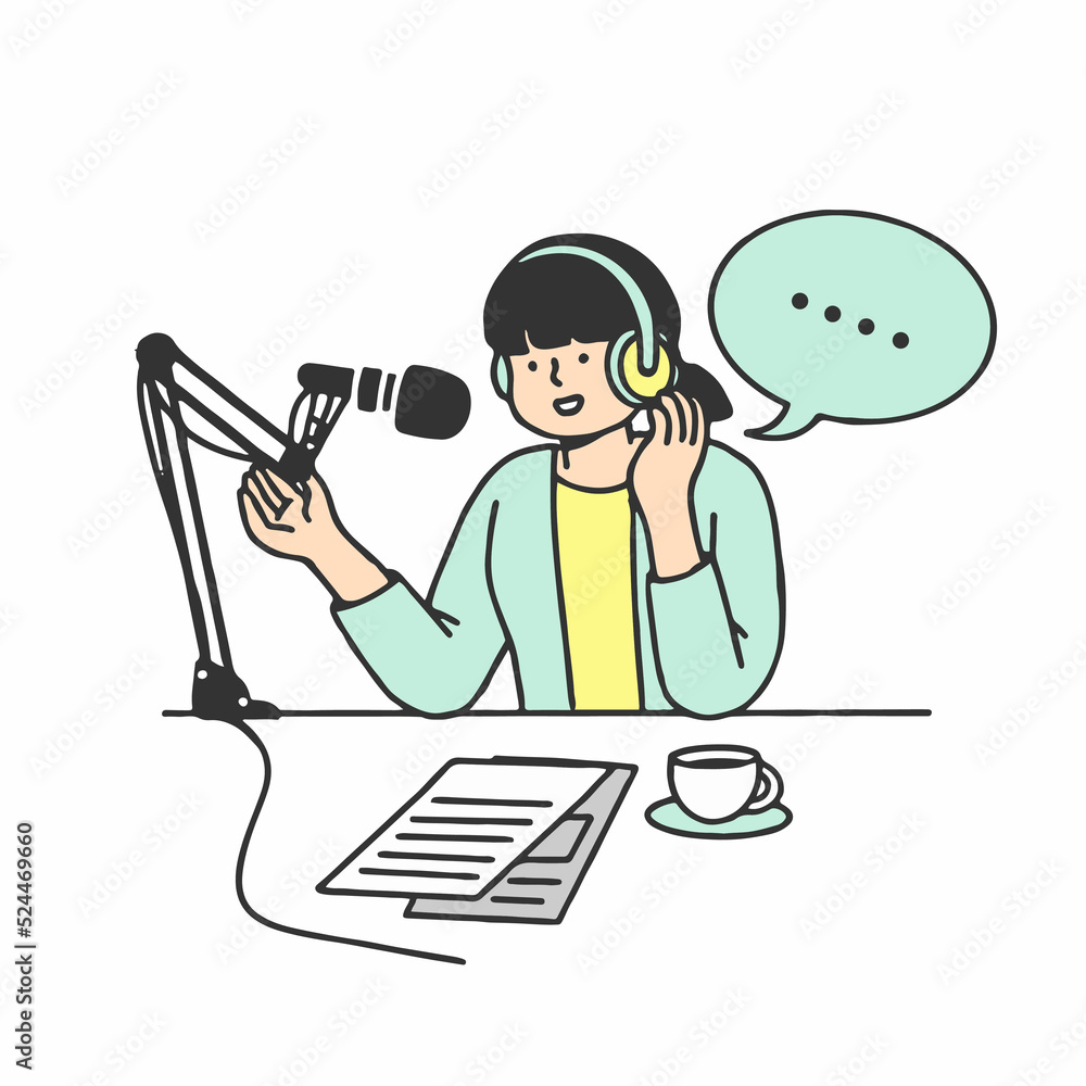 Young woman record a podcast, online radio show. People with headphones are talking into a microphone. The concept of podcasting, broadcasting.Outline doodle vector characters isolated on white. Young woman record a podcast, online radio show. People with headphones are talking into a microphone. The concept of podcasting, broadcasting.Outline doodle vector characters isolated on white.