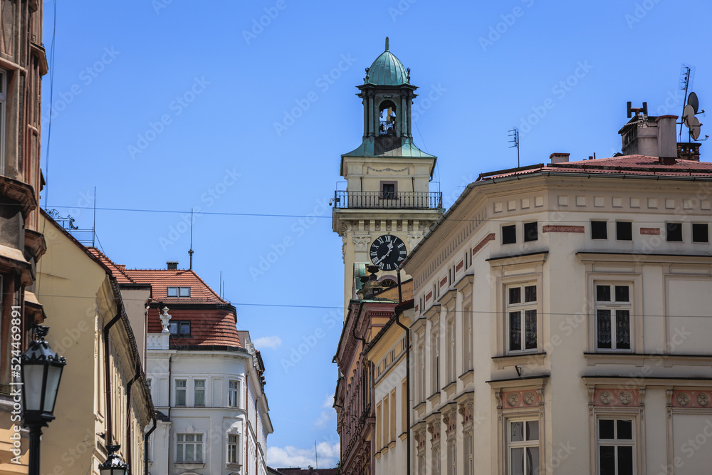 Tower of Town Hall in historic part of Cieszyn city, Poland