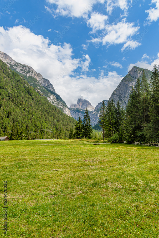Scenic Image of mountains. View of Tre Chime di Lavaredo Nature Park, Dolomites Alps, Italy Alpine mountain landscape with bright peaks, Misurina, Cortina d'Ampezzo, Italy.