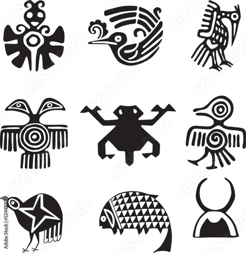 Vector set of monochrome Indian symbols. National ornament of native americans, aztecs, maya, incas.