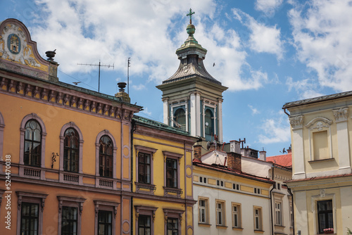 Tower of Church of Sr Mary Magdalene Church in historic part of Cieszyn, Poland © Fotokon